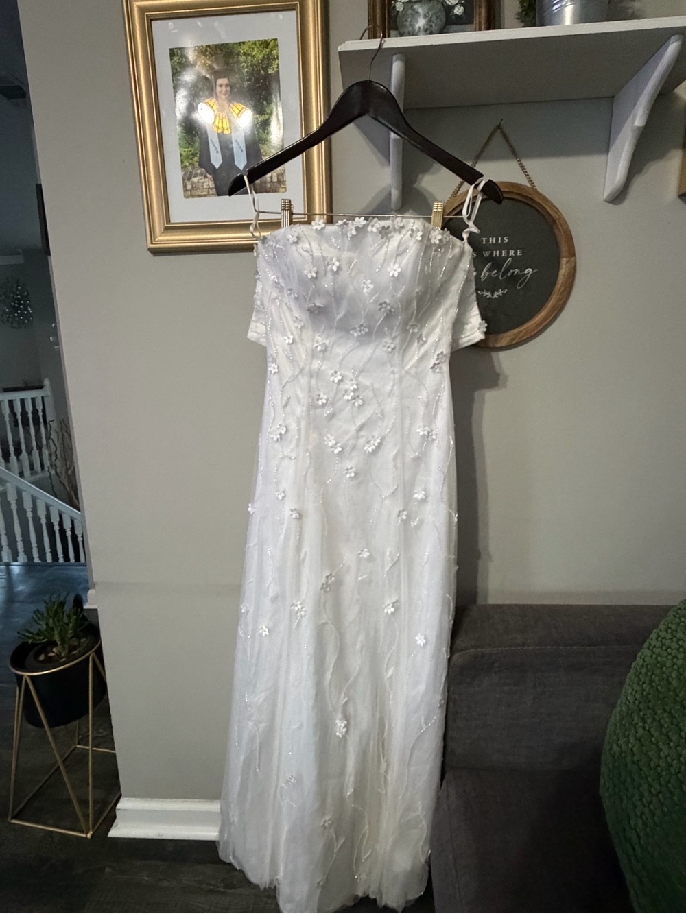 Strapless White Floral Embroidered Gown